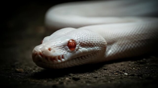 stunning closeup of white albino snake with piercing red eyes. reptile's coiled body and detailed scales are set against dark, earthy background.