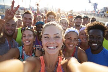 Group of runners celebrating finish line