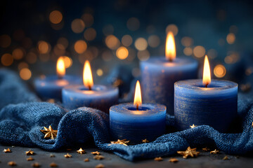 Flaming blue candles at night on dark background with stars and lights. Candles in Christian church as catholic symbol. Abstract festive backdrop. Christmas eve or Chanukah banner with copy space