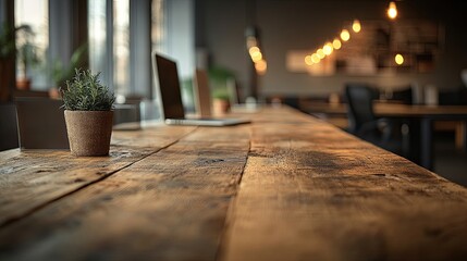Long Rustic Wooden Table with Potted Rosemary Plant in a Modern Blurry Office Setting with Warm Bokeh Lights and Natural Light