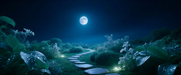 Fototapeta premium A serene photorealistic landscape of a moon garden at night. A stone path winds through white flowers and lush foliage, illuminated by the glow of a full moon, symbolizing tranquility natural beauty