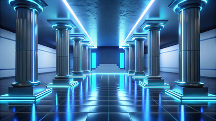 Futuristic Minimalist Architectural Interior with Blue Neon Lighting and Symmetrical Design