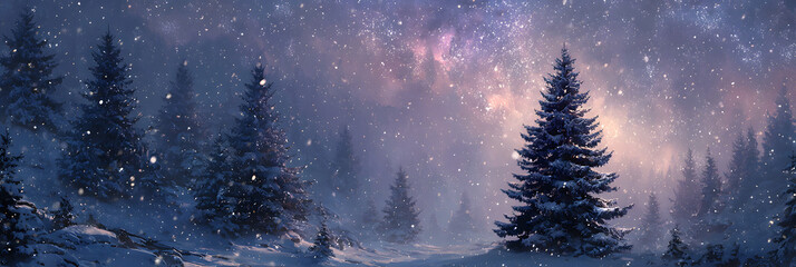 Abstract christmas tree background header wallpaper. Fantasy winter landscape with christmas tree and snowflakes. Beautiful abstract colorful winter christmas snowy forest background.