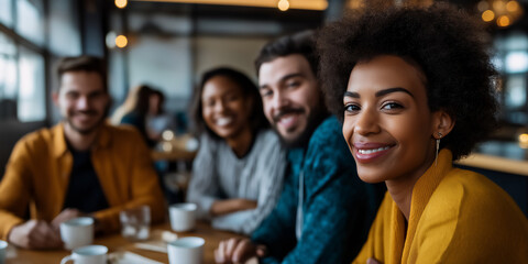 Group of diverse friends sitting at table in cafe and enjoying cup of coffee