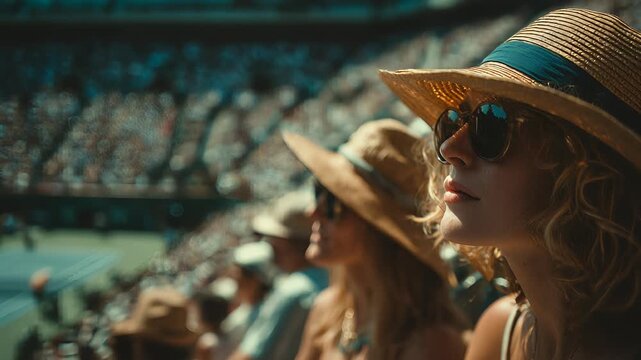Woman in Straw Hat Watching Tennis Match, Attending Outdoor Sporting Event, Summer Fashion, Spectator Enjoying Game