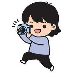 Illustration of a happy child holding a camera, ready to capture memories with a playful pose and a bright smile