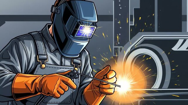 Professional Welder Working with Sparks Flying