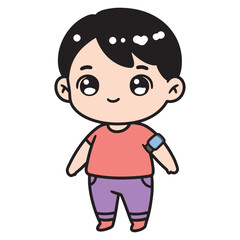 Cute cartoon boy wearing a casual t-shirt and pants, with a smart band on his wrist, in a simple illustration style perfect for children's content