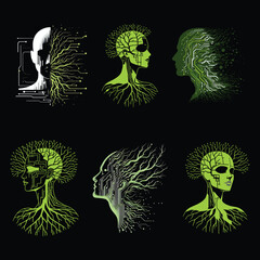 The silhouette of a human being dissolves into roots and neon circuits in this futuristic illustration