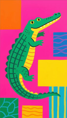 An illustration of a cartoon crocodile on an abstract background of bright colored rectangles. Vector graphics. EPS.