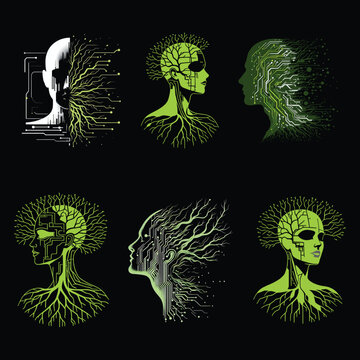 The silhouette of a human being dissolves into roots and neon circuits in this futuristic illustration
