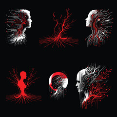 The silhouette of a human being dissolves into roots and neon circuits in this futuristic illustration