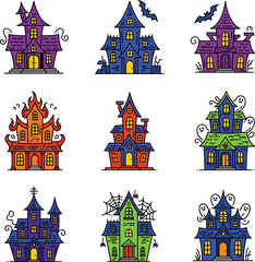 Colorful Halloween Haunted House Icon Pack: Set of 9 Different Spooky House Illustrations with Unique Designs on a White Background