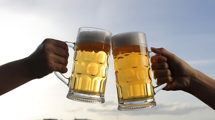 Hands clinking beer mugs in a joyful toast against a bright sky.