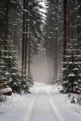 Snowy forest path disappearing into winter fog, moody coniferous woodland landscape