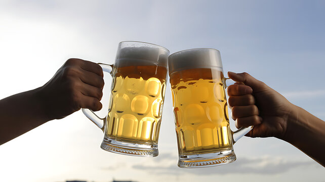 Hands clinking beer mugs in a joyful toast against a bright sky.