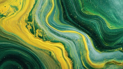 Abstract Fluid Art - Emerald and Gold Swirls, Dynamic Acrylic Pour Painting Texture.