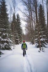 Winter hiker walking through snowy forest with backpack, adventure and solitude concept