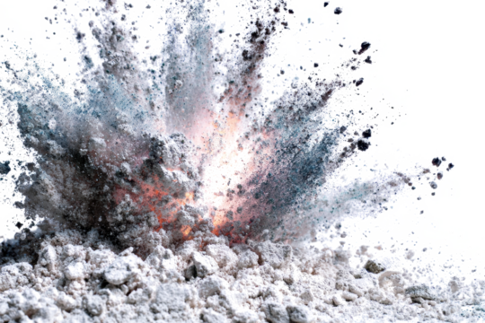 A dynamic, high-speed photograph captures a powerful explosion of gray powder with a fiery orange core against a stark white background.