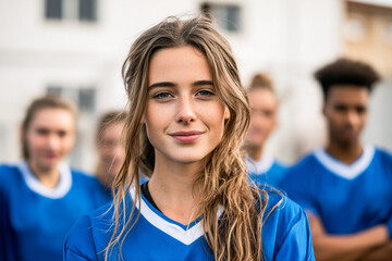 Young female athlete with long blonde hair wearing blue sports jersey with white trim standing in front of a group of teammates in matching blue uniforms against a blurred white building