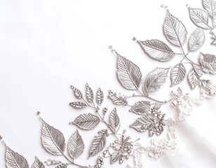 Silver leaf-shaped embellishments on sheer fabric