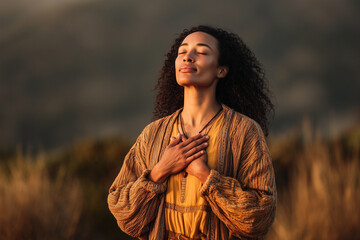 Woman with curly black hair and brown sweater holding hands over heart in lush green outdoor setting with blurred foliage