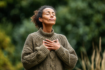 Woman in Olive Green Knitted Sweater with Hands Over Heart Standing Against Lush Green Forest Background in Autumn