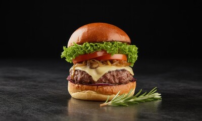 Gourmet burger on a dark stone surface.  Freshly prepared burger with toasted bun, juicy patty, melted cheese, lettuce, tomato, caramelized onions, and a sprig of rosemary
