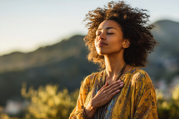 Woman with curly black hair and brown sweater holding hands over heart in lush green outdoor setting with blurred foliage