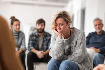Woman in Gray Sweater Resting Head on Hand During Group Therapy Session in Modern Room with White Walls and Other Participants