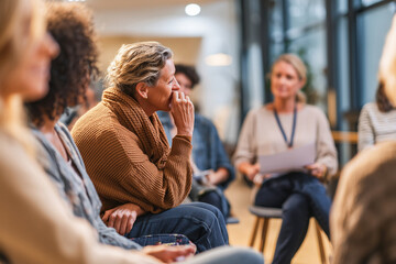 Woman in Brown Sweater Touching Face During Support Group Meeting in Bright Room with Large Windows and Multiple Attendees
