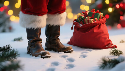 Santa Claus standing in snow near red sack with gifts 