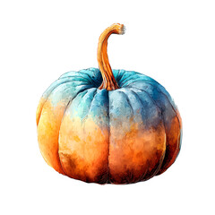 Watercolor pumpkin in orange and blue shades with long stem. Autumn harvest clipart isolated on white