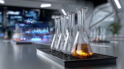 Futuristic chemical laboratory with glass flasks containing vibrant glowing liquid. Scientific experiment in progress with chemical reagents. Digital holographic charts display complex data analysis