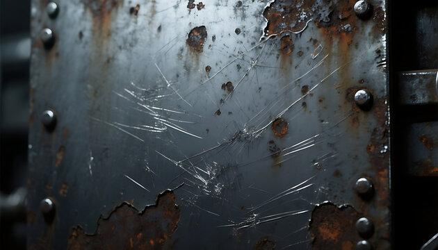 Rusty metal surface with scratches and rivets in industrial style  