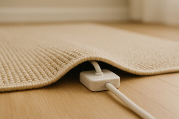 Unplug electrical safety extension cord risk carpet rug hidden plug under rug covered socket hazard