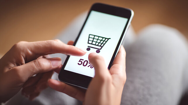Hands using smartphone displaying 50% discount with shopping cart icon. Cyber Monday deals and special offers concept in mobile e-commerce - Powered by Adobe