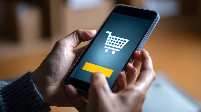 Person browsing e-commerce app on smartphone. Bright cart icon with discount deals. Cyber Monday online shopping and sales promotion visual