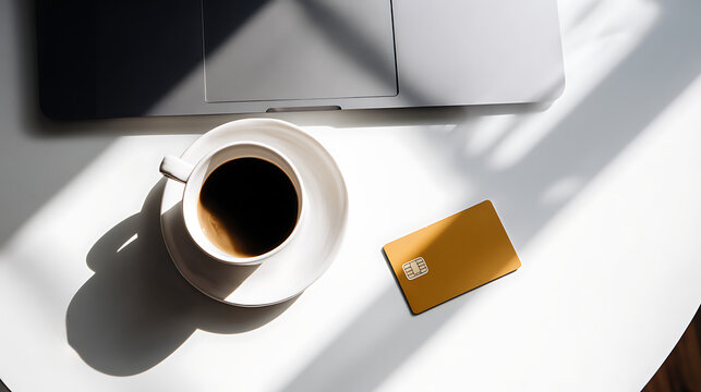 Credit card and coffee cup next to laptop in natural sunlight. Clean and modern office desk flat lay. Cyber Monday shopping, banking and digital transaction concept