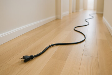 Unplug electrical safety extension cord risk black plug on wooden floor creates hazard in hallway emphasizing unplug electrical safety to reduce trip and shock risk