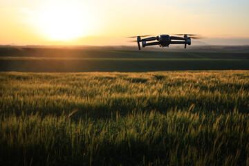 Drone monitoring a field during morning light in spring wheat