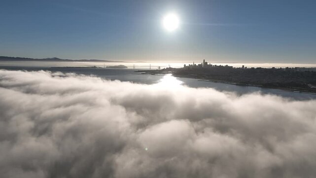 Sunset Foggy Morning In San Francisco California United States. Sun Shining Over Fog With Wonderful Scenery In Background. Building Illumination Urban. Town Exterior Panoramic.