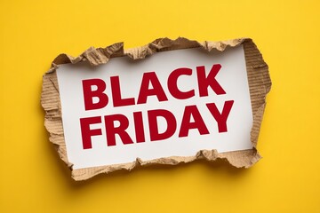 Black Friday Deals Announcement: A torn cardboard unveils the bold declaration of Black Friday on a clean surface, against the vibrant backdrop.