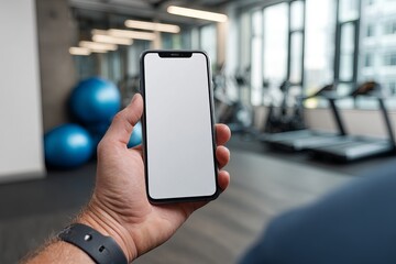 Smart Fitness App in Gym: A hand holds a sleek smartphone showcasing a fitness app in a modern gym setting, showcasing technology and health seamlessly integrated.
