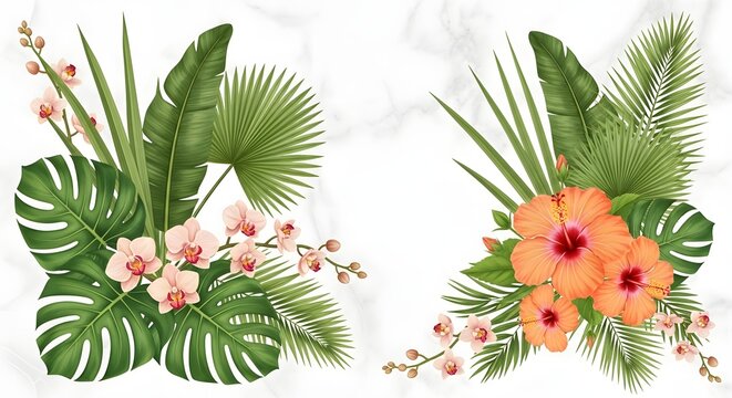 Tropical floral arrangement with orange hibiscus and pink orchids, isolated on white background - Powered by Adobe