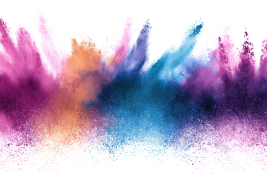 An abstract explosion of vibrant pink, purple, blue, and orange colored powder on a white background.