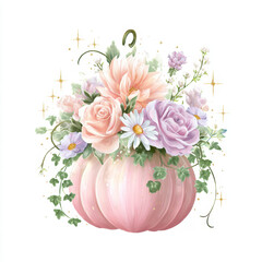 Soft pink pumpkin overflowing with delicate floral arrangement and whimsical details