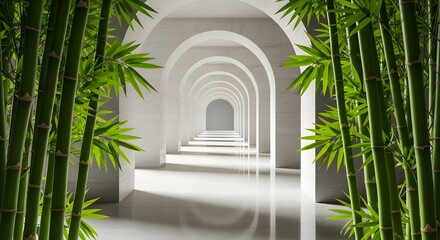 A long, bright white corridor with arched openings on both sides, framed by tall green bamboo stalks and leaves, creating a sense of depth and perspective with dramatic light and shadow