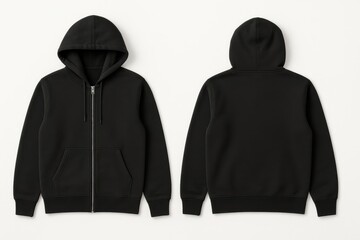 Black zip hoodie mockup front and back on clean white background with realistic fabric texture and natural shadow for apparel design
