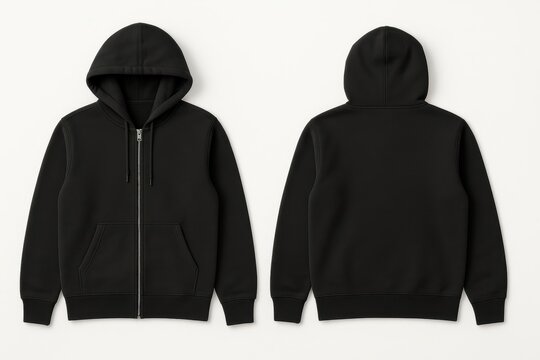 Black zip hoodie mockup front and back on clean white background with realistic fabric texture and natural shadow for apparel design